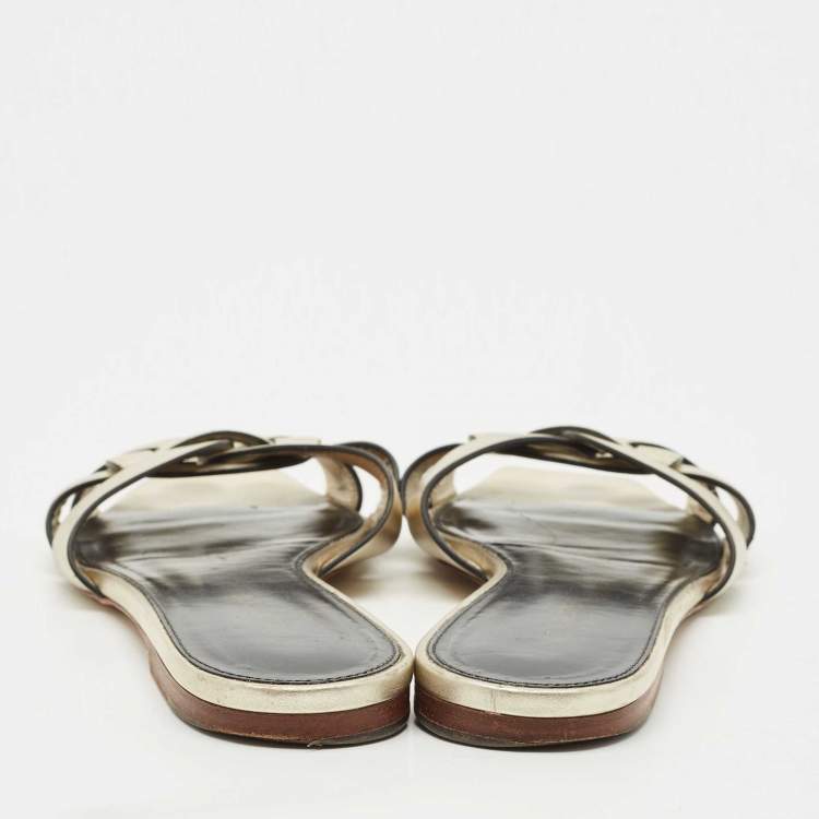 Pre Owned Saint Laurent  Gold Leather Tribute Flat Sandals Size 40