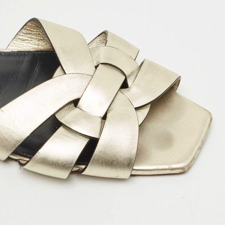 Pre Owned Saint Laurent  Gold Leather Tribute Flat Sandals Size 40