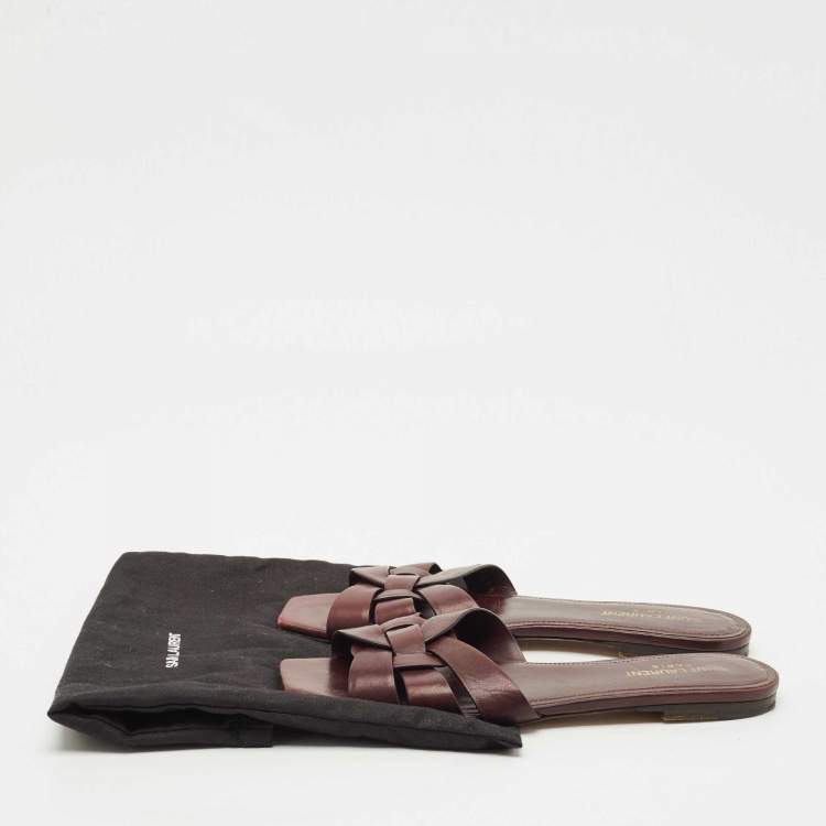 Pre Owned Saint Laurent Burgundy Leather Tribute Flat Slides Size 39.5