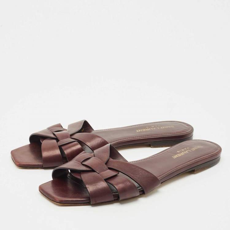Pre Owned Saint Laurent Burgundy Leather Tribute Flat Slides Size 39.5