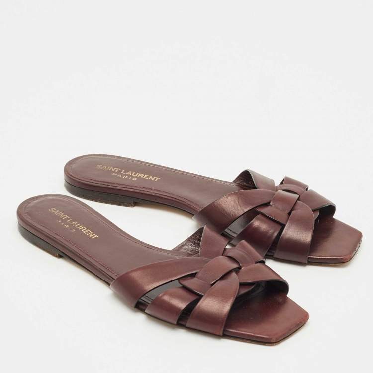 Pre Owned Saint Laurent Burgundy Leather Tribute Flat Slides Size 39.5