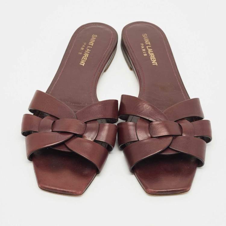 Pre Owned Saint Laurent Burgundy Leather Tribute Flat Slides Size 39.5