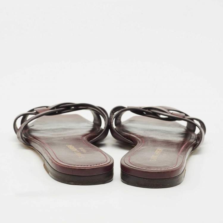 Pre Owned Saint Laurent Burgundy Leather Tribute Flat Slides Size 39.5
