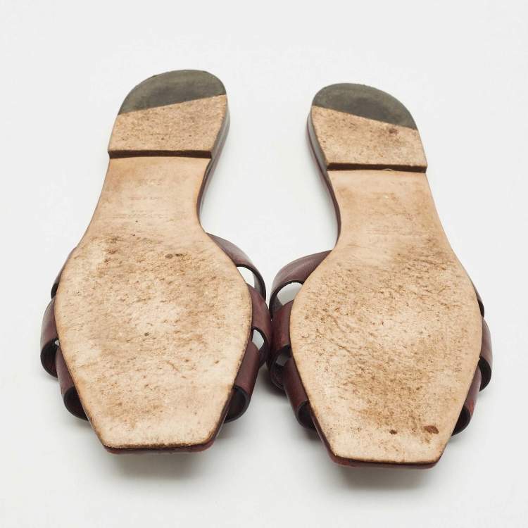 Pre Owned Saint Laurent Burgundy Leather Tribute Flat Slides Size 39.5
