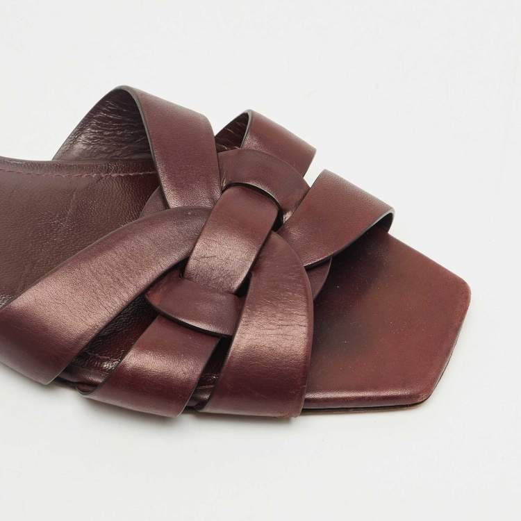 Pre Owned Saint Laurent Burgundy Leather Tribute Flat Slides Size 39.5