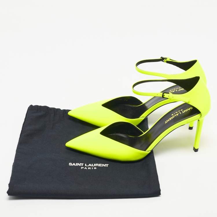 Pre Owned Saint Laurent Lime Green Patent Leather Anja Ankle Strap Pumps Size 39