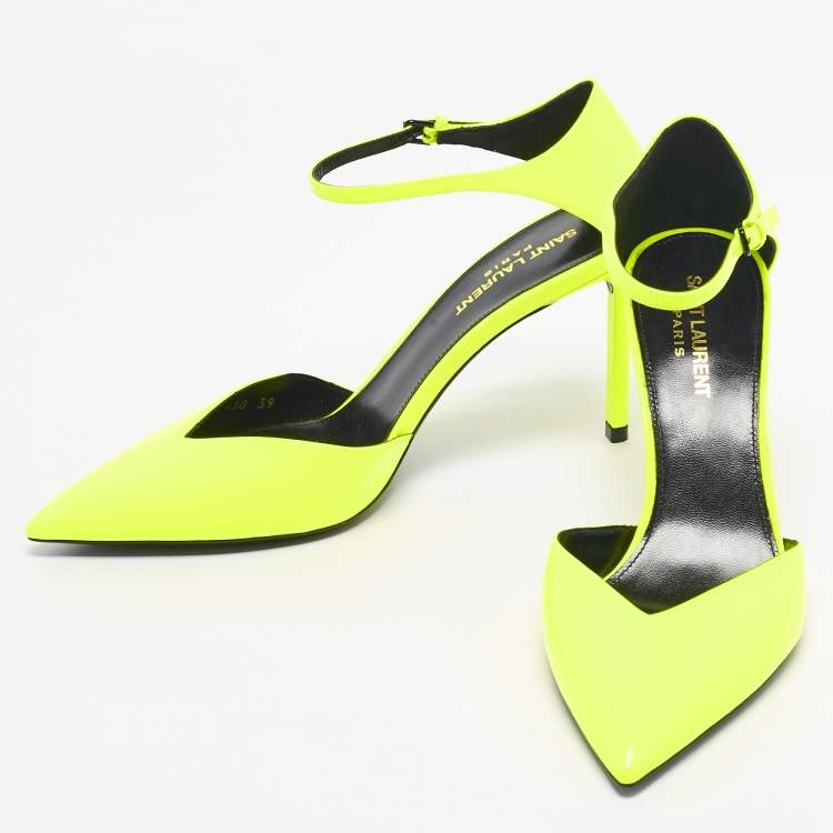 Pre Owned Saint Laurent Lime Green Patent Leather Anja Ankle Strap Pumps Size 39
