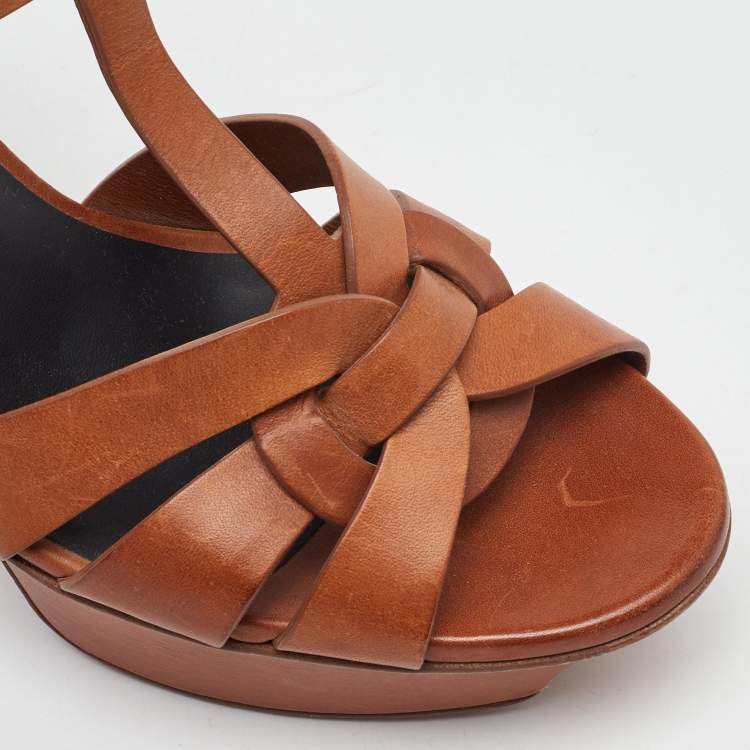 Pre Owned Saint Laurent Brown Leather Tribute Platform Sandals Size 37.5