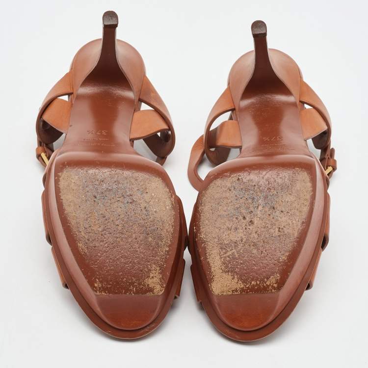 Pre Owned Saint Laurent Brown Leather Tribute Platform Sandals Size 37.5