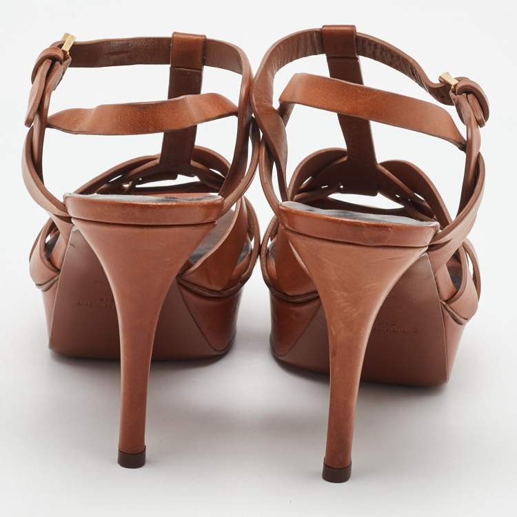 Pre Owned Saint Laurent Brown Leather Tribute Platform Sandals Size 37.5