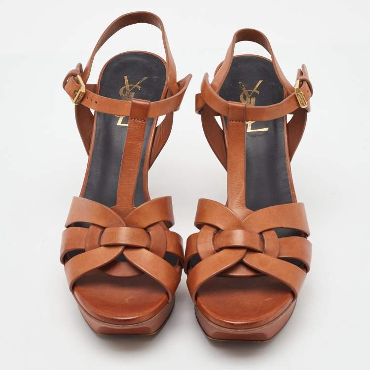 Pre Owned Saint Laurent Brown Leather Tribute Platform Sandals Size 37.5