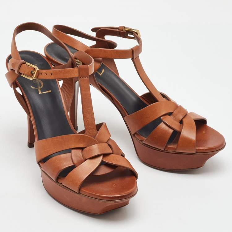 Pre Owned Saint Laurent Brown Leather Tribute Platform Sandals Size 37.5