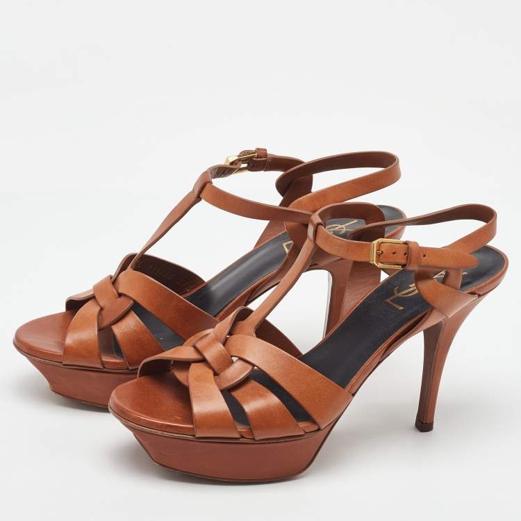 Pre Owned Saint Laurent Brown Leather Tribute Platform Sandals Size 37.5
