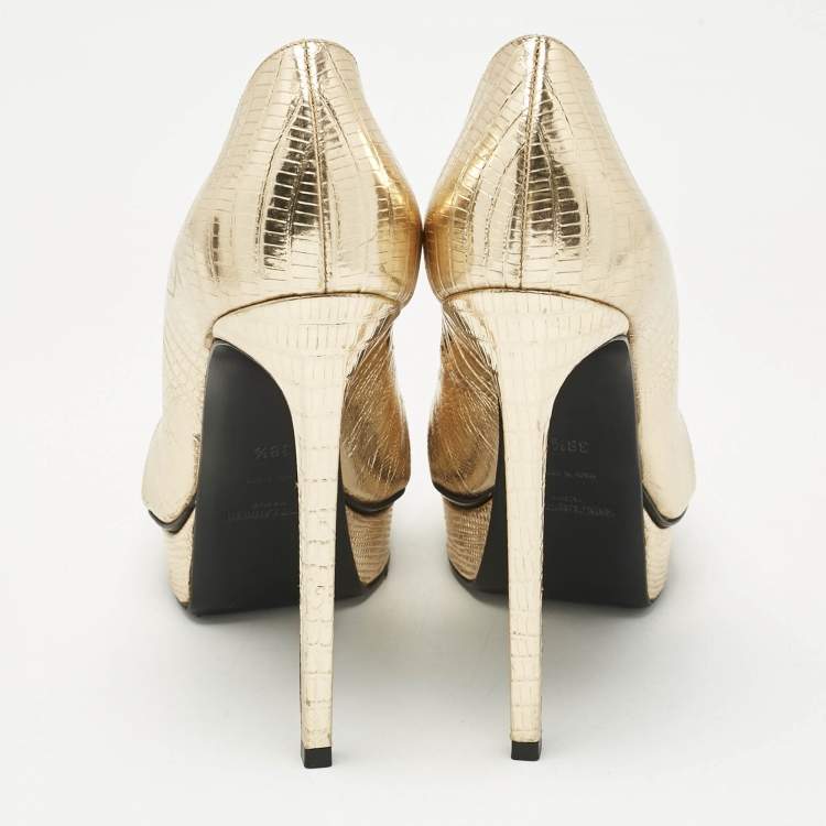 Pre Owned Saint Laurent Gold Lizard Embossed Leather Platform Pumps Size 38.5