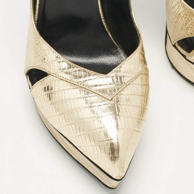 Pre Owned Saint Laurent Gold Lizard Embossed Leather Platform Pumps Size 38.5