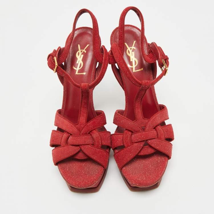 Pre Owned Saint Laurent Red Suede and Quartz Tribute Platform Sandals Size 38
