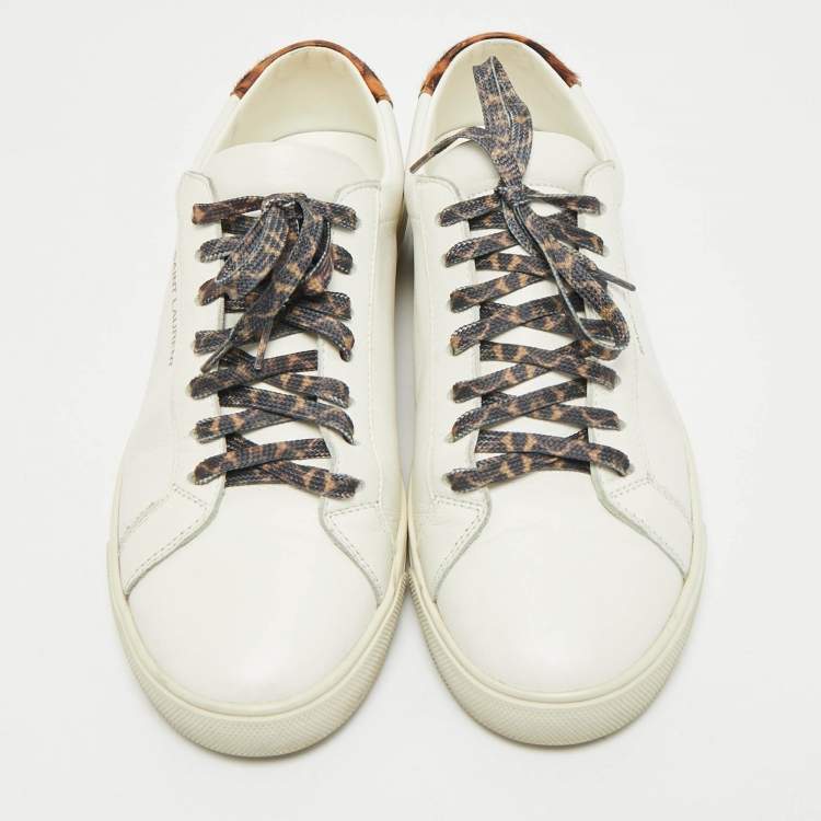 Pre Owned Saint Laurent White Leather and Pony Hair Leopard Print Andy Low Top Sneakers Size 38