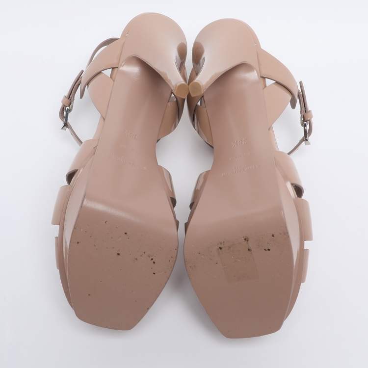 Pre Owned Saint Laurent Beige Patent Leather Tribute Platform Ankle Strap Sandals Size 38