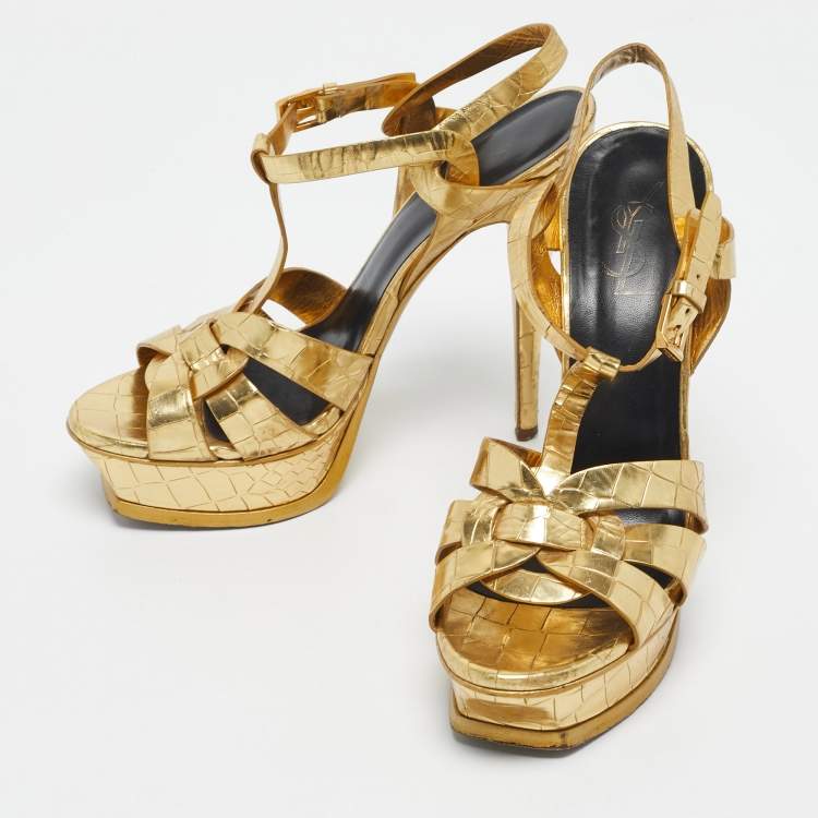 Pre Owned Saint Laurent Gold Croc Embossed Leather Tribute Platform Sandals Size 38