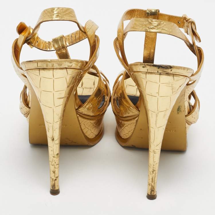 Pre Owned Saint Laurent Gold Croc Embossed Leather Tribute Platform Sandals Size 38