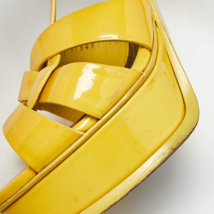 Pre Owned Saint Laurent Yellow Patent Leather Tribute Ankle Strap Sandals Size 38.5
