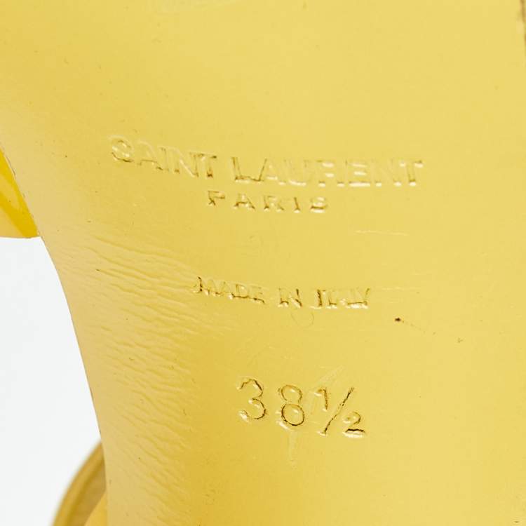 Pre Owned Saint Laurent Yellow Patent Leather Tribute Ankle Strap Sandals Size 38.5