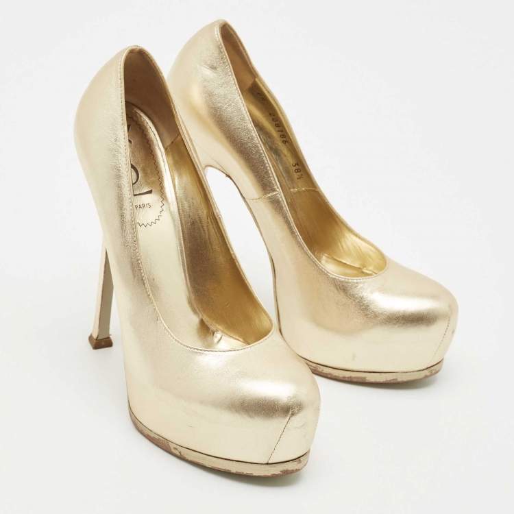 Pre Owned Saint Laurent Gold Leather Tribtoo Platform Pumps Size 38.5