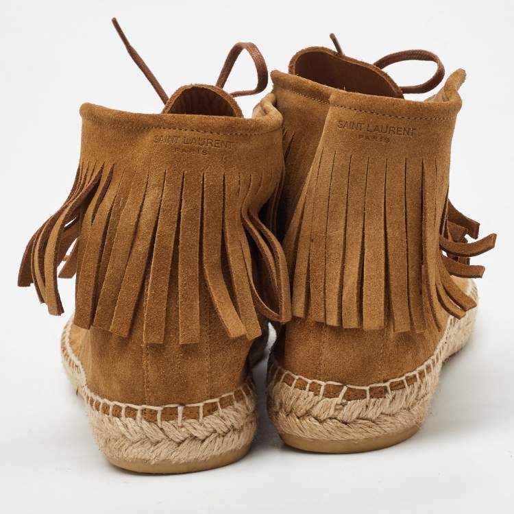 Pre Owned Saint Laurent Brown Suede Fringe Espadrille Lace Up Sneaker Boots Size 37