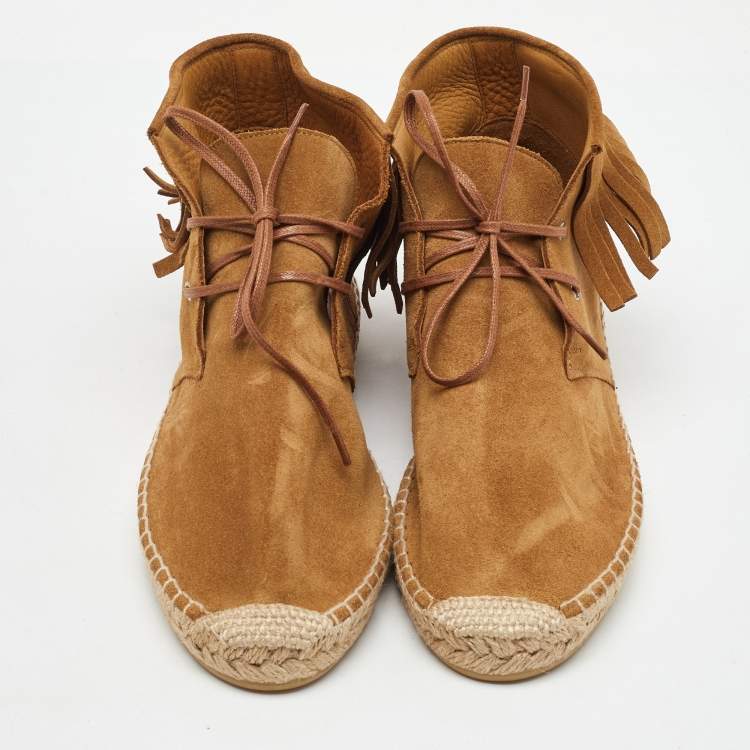 Pre Owned Saint Laurent Brown Suede Fringe Espadrille Lace Up Sneaker Boots Size 37
