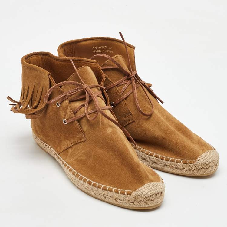 Pre Owned Saint Laurent Brown Suede Fringe Espadrille Lace Up Sneaker Boots Size 37