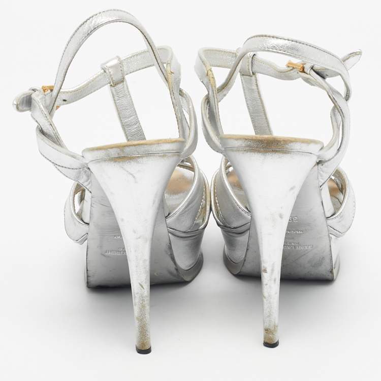 Pre Owned Saint Laurent Silver Leather Tribute Platform Sandals Size 39.5