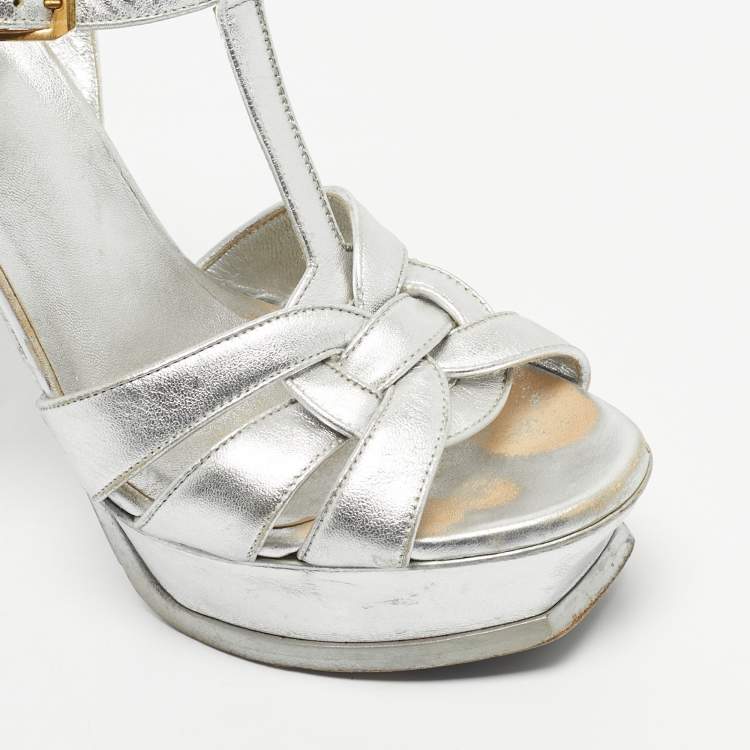 Pre Owned Saint Laurent Silver Leather Tribute Platform Sandals Size 39.5