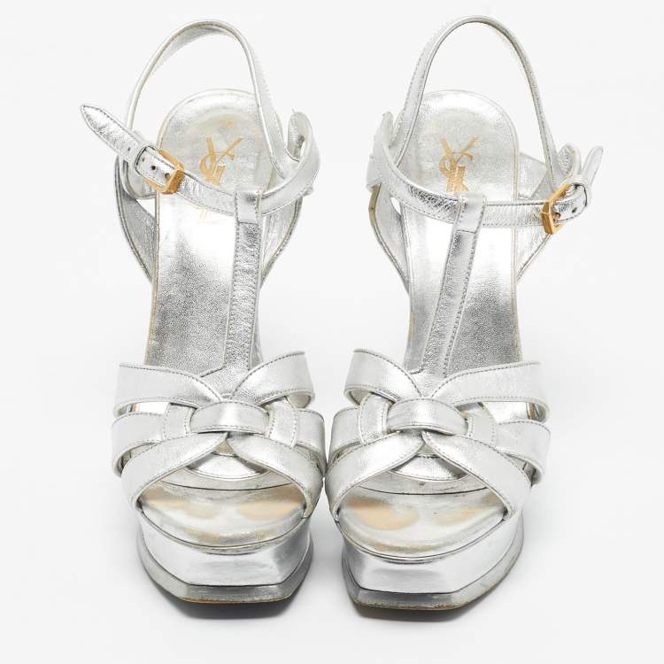 Pre Owned Saint Laurent Silver Leather Tribute Platform Sandals Size 39.5