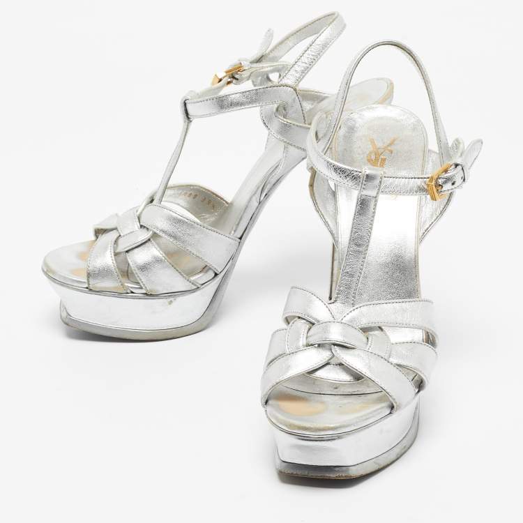 Pre Owned Saint Laurent Silver Leather Tribute Platform Sandals Size 39.5