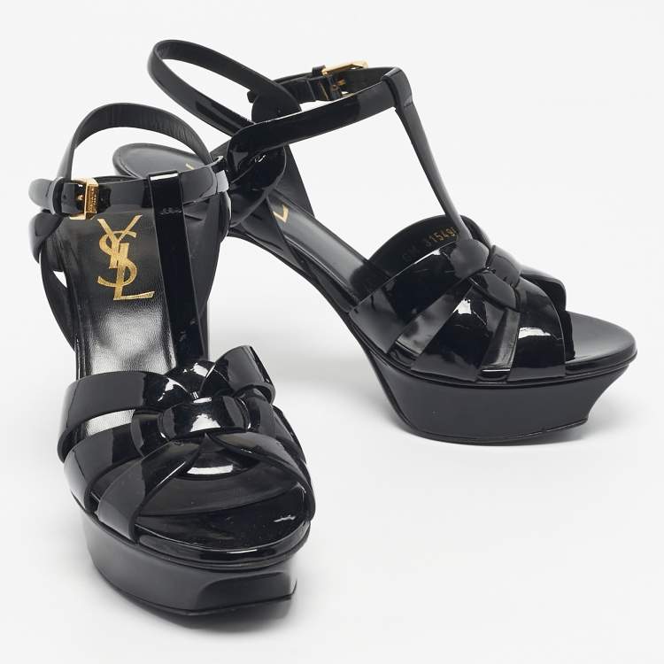 مملوكة مسبقًا Saint Laurent Black Patent Leather Tribute Platform Sandals Size 36