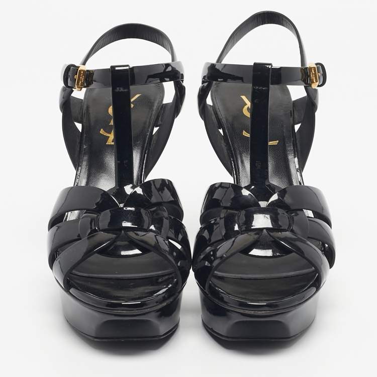 مملوكة مسبقًا Saint Laurent Black Patent Leather Tribute Platform Sandals Size 36