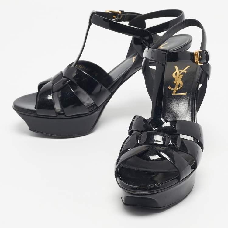 مملوكة مسبقًا Saint Laurent Black Patent Leather Tribute Platform Sandals Size 36
