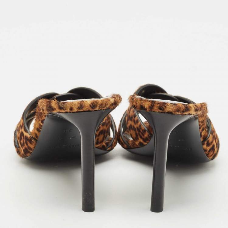 Pre Owned Saint Laurent Brown/Black Calfhair Tribute Slide Sandals Size 38