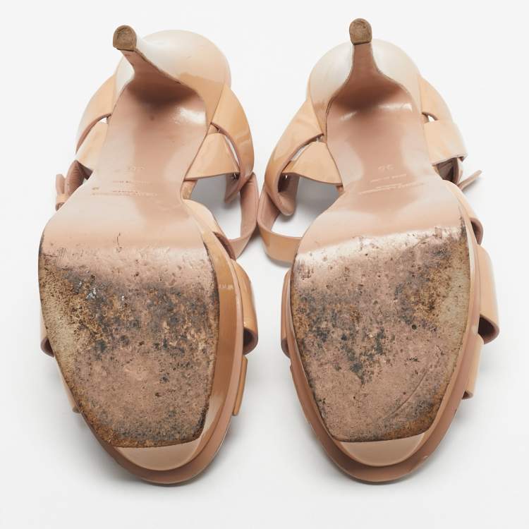 Pre Owned Saint Laurent Beige Patent Leather Tribute Platform Sandals Size 36