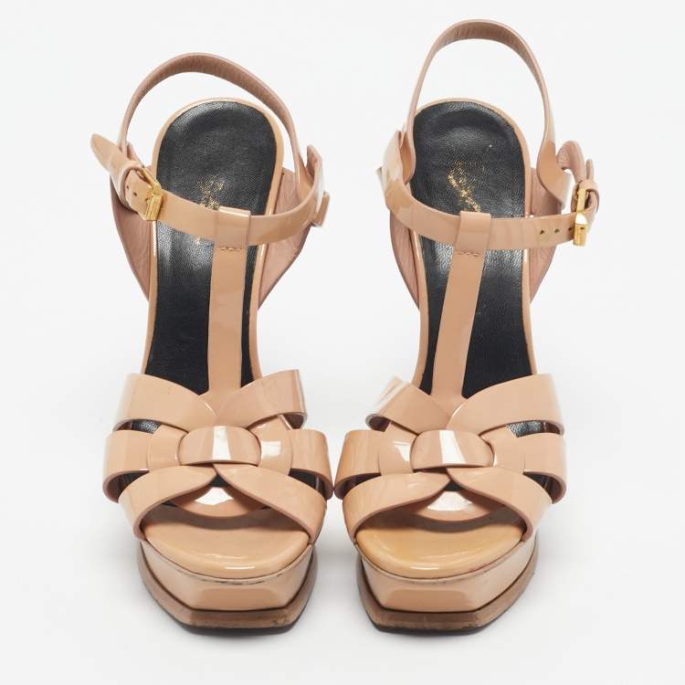 Pre Owned Saint Laurent Beige Patent Leather Tribute Platform Sandals Size 36