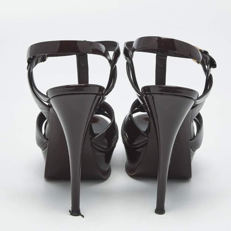 Pre Owned Saint Laurent Dark Brown Patent Leather Tribute Platform Sandals Size 36