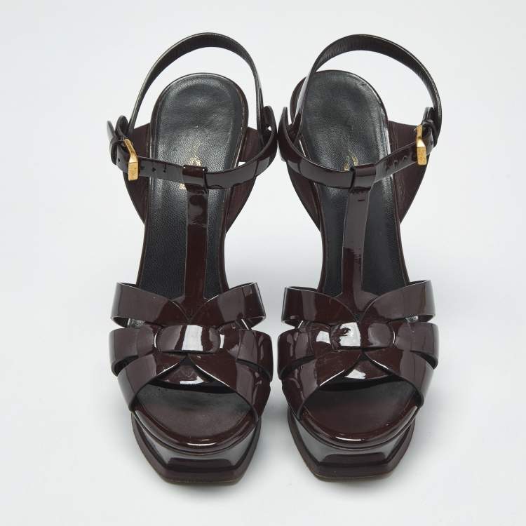 Pre Owned Saint Laurent Dark Brown Patent Leather Tribute Platform Sandals Size 36