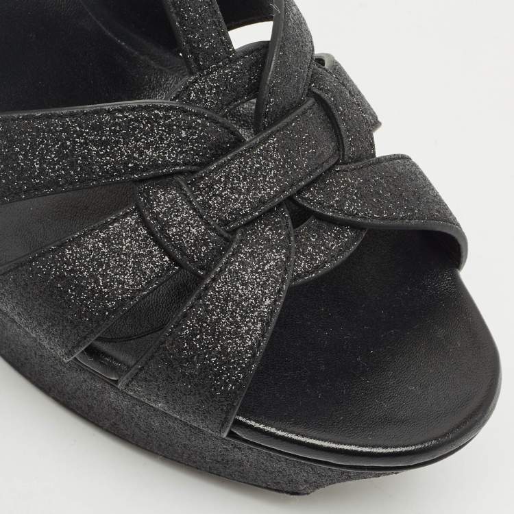 Pre Owned Saint Laurent Black Glitter and Suede Tribute Platform Sandals Size 41