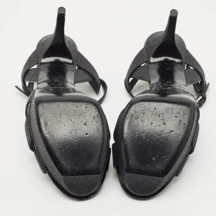 Pre Owned Saint Laurent Black Glitter and Suede Tribute Platform Sandals Size 41