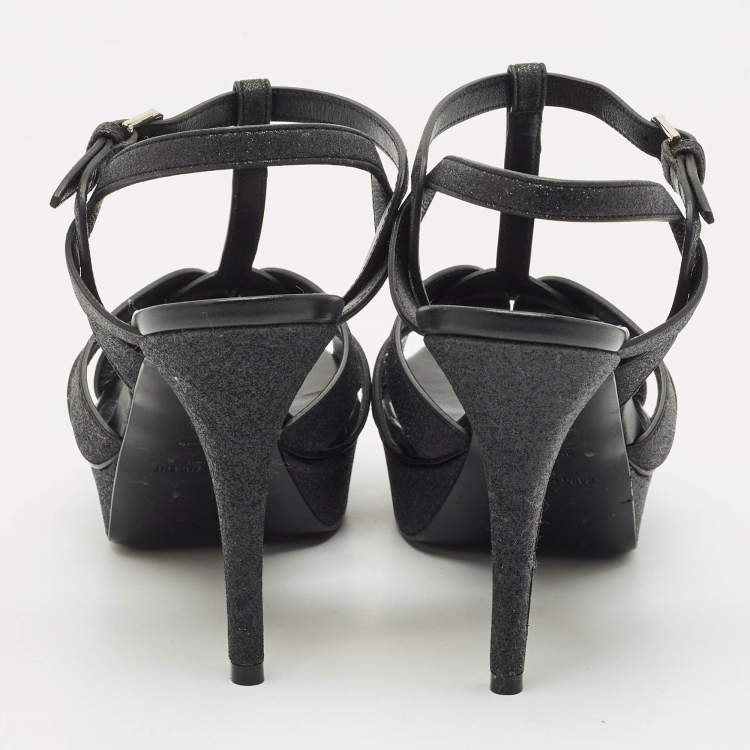 Pre Owned Saint Laurent Black Glitter and Suede Tribute Platform Sandals Size 41