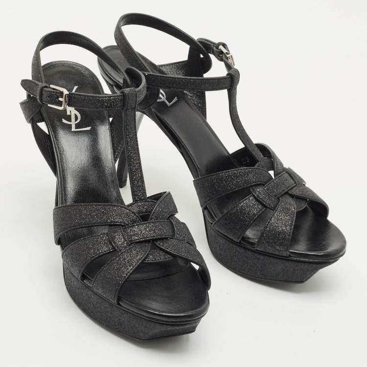 Pre Owned Saint Laurent Black Glitter and Suede Tribute Platform Sandals Size 41