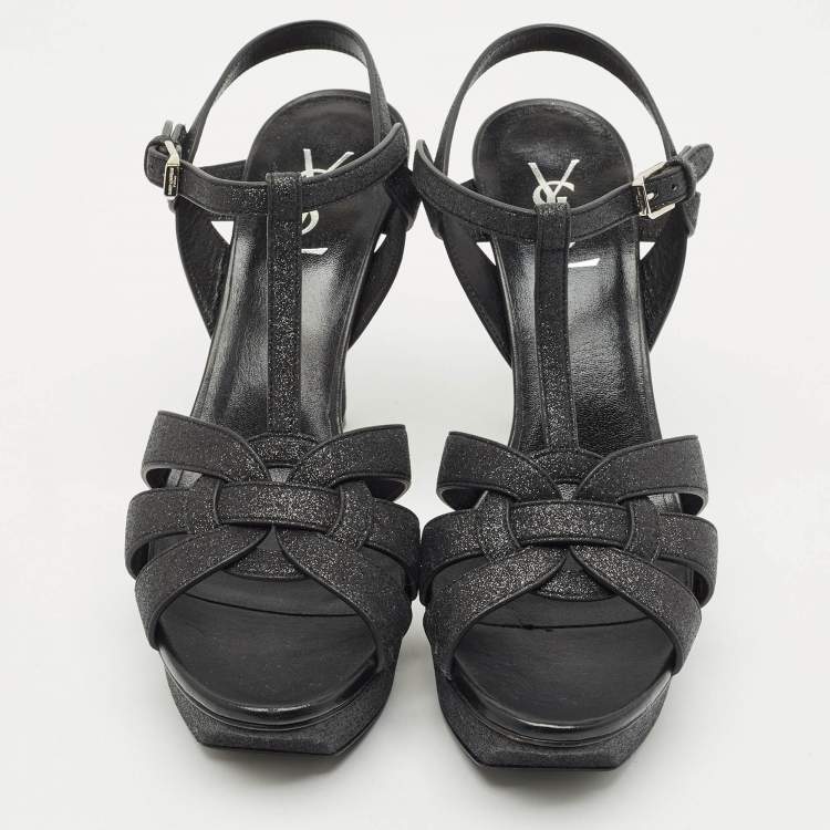 Pre Owned Saint Laurent Black Glitter and Suede Tribute Platform Sandals Size 41
