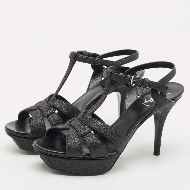Pre Owned Saint Laurent Black Glitter and Suede Tribute Platform Sandals Size 41