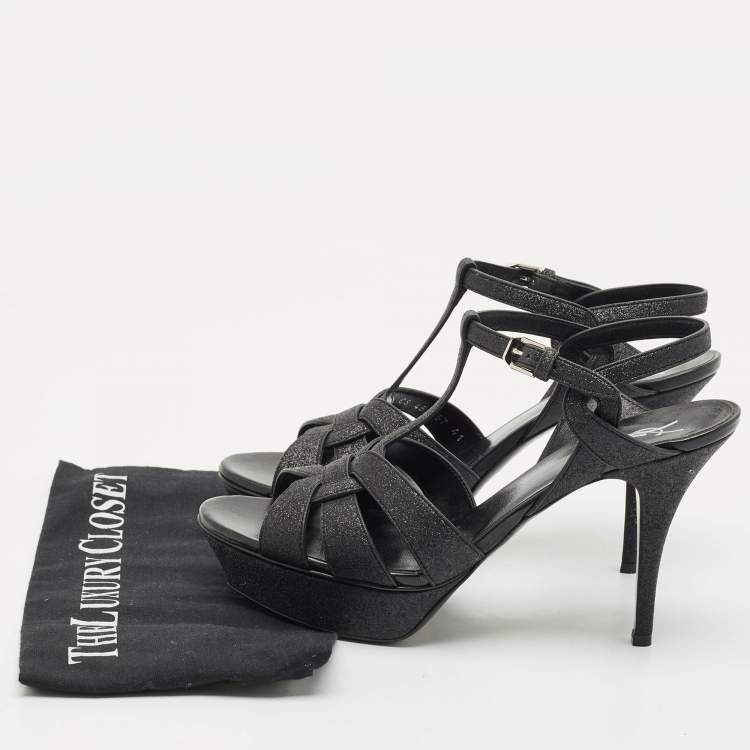 Pre Owned Saint Laurent Black Glitter and Suede Tribute Platform Sandals Size 41
