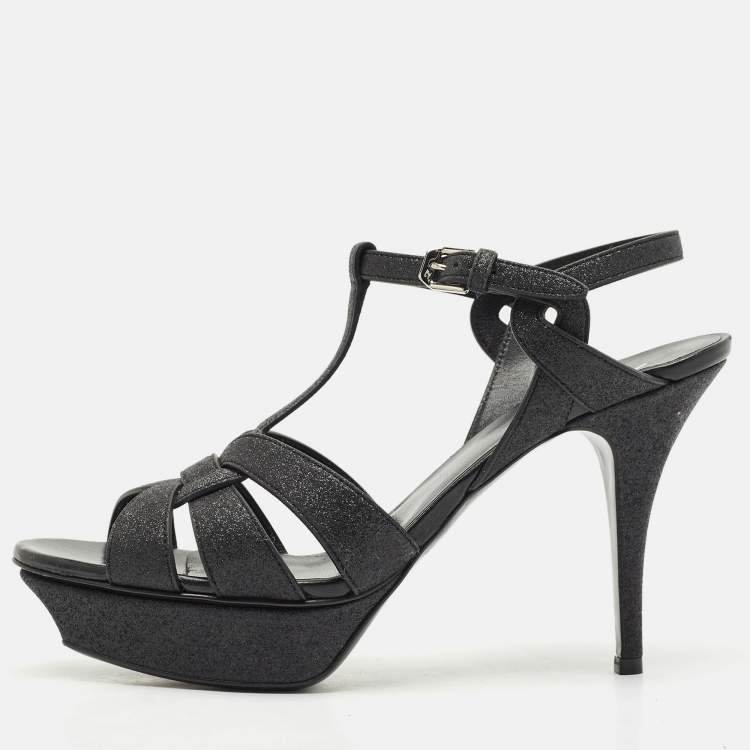 Pre Owned Saint Laurent Black Glitter and Suede Tribute Platform Sandals Size 41